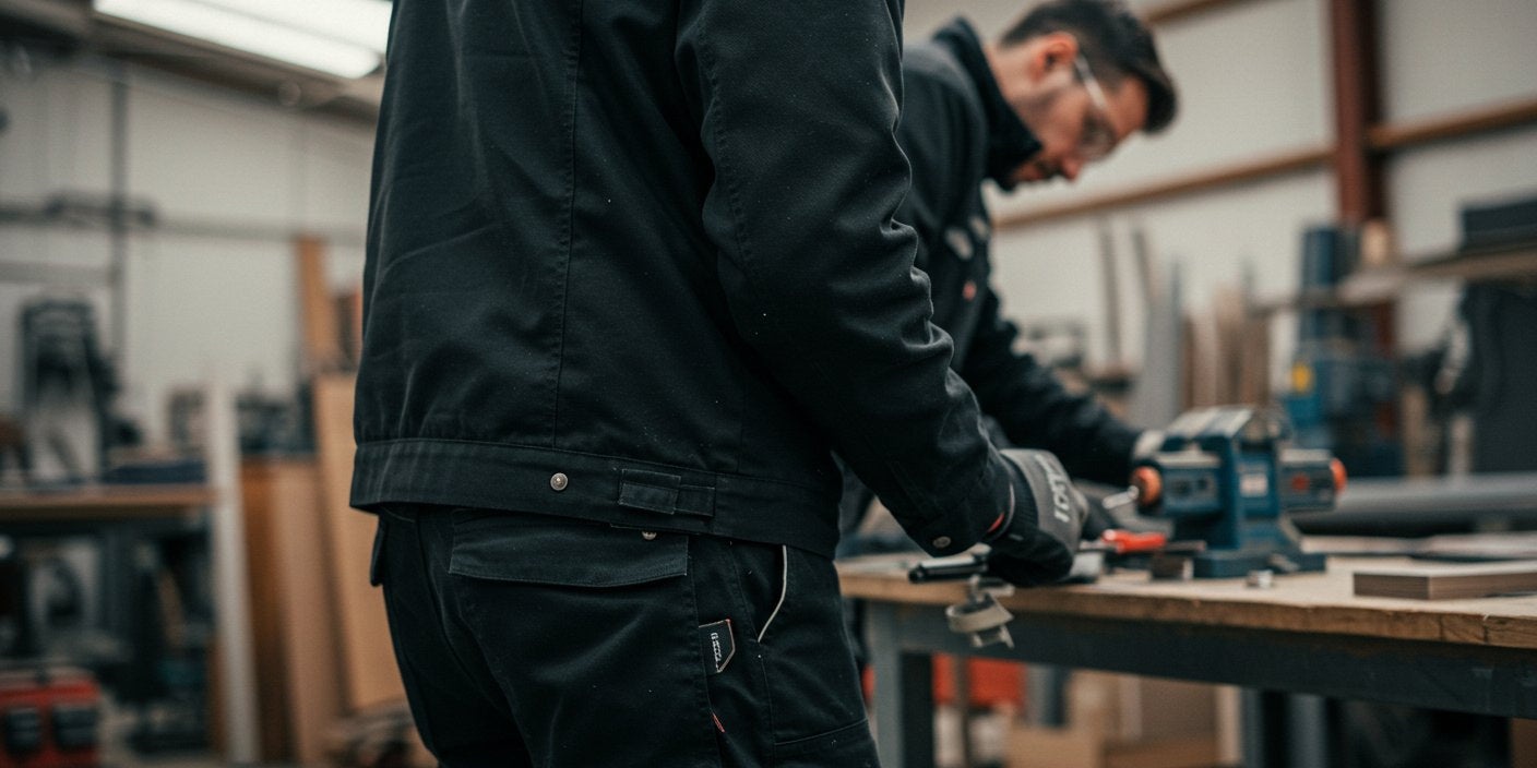Construction worker wearing plain durable workwear on job site