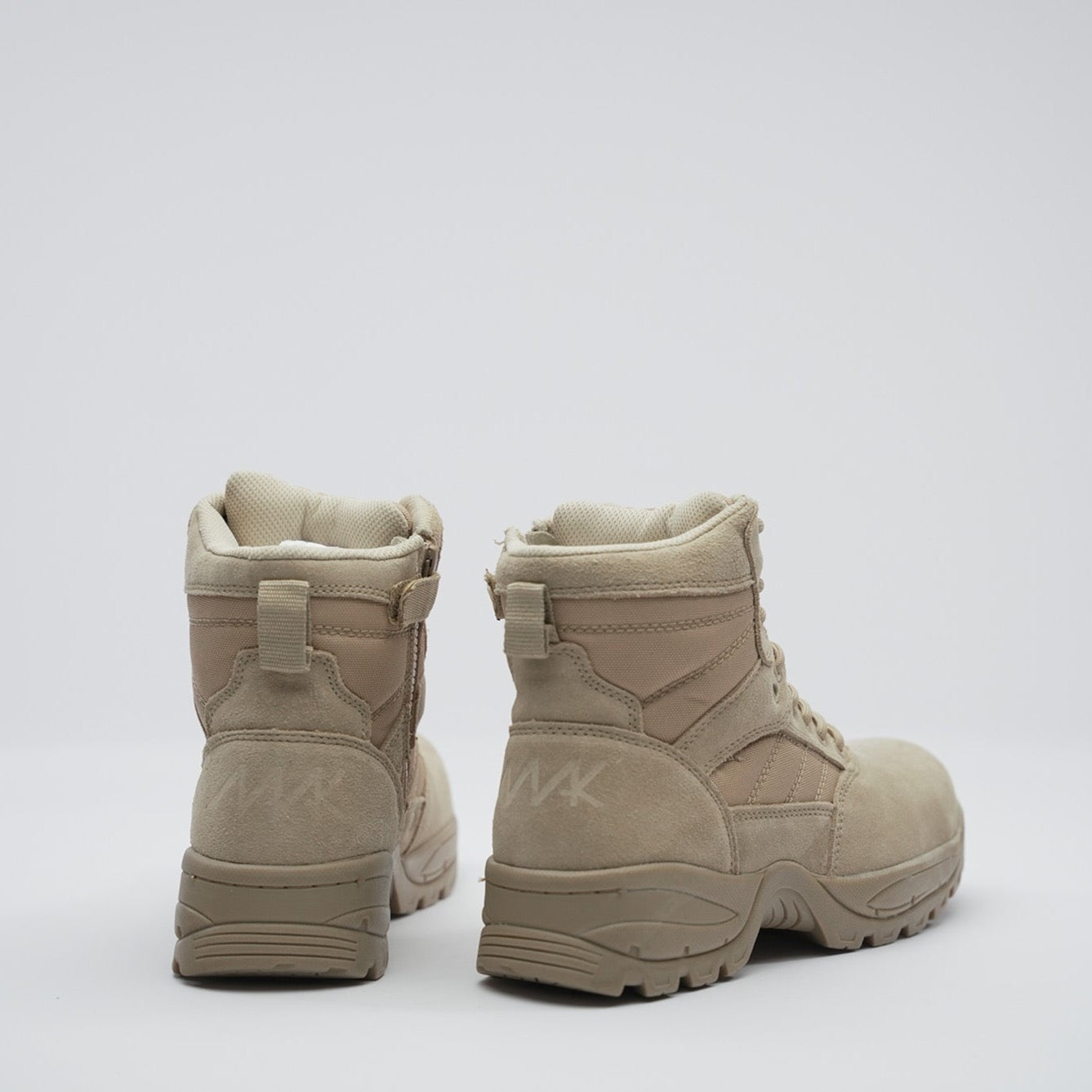 rear view of military boots desert tan with mak logo on heel