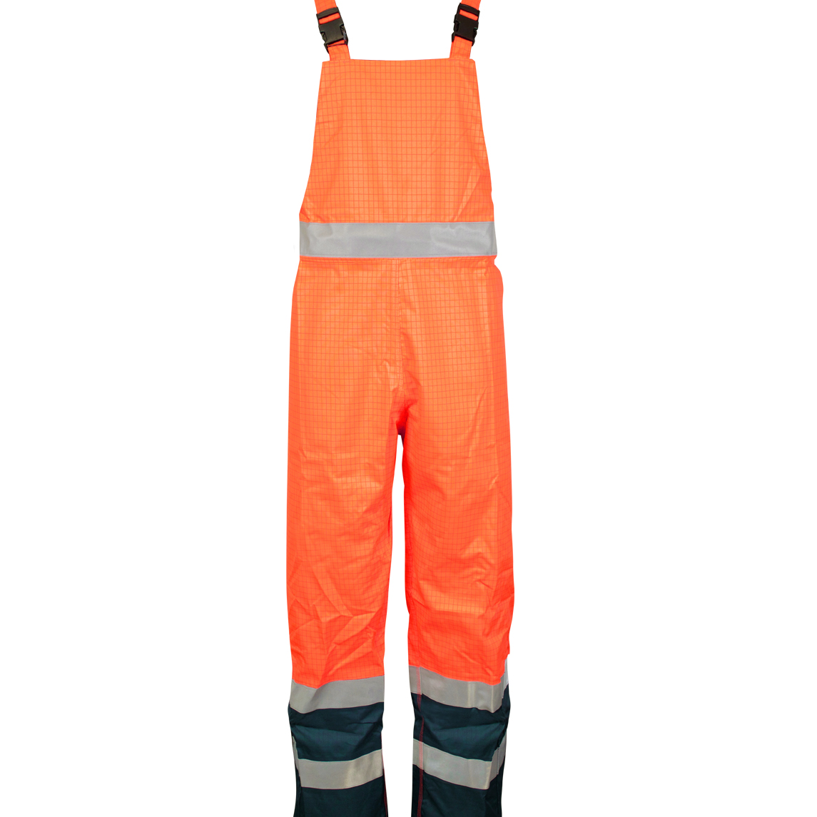 FR Orange high-visibility bib overalls with reflective striping and navy lower legs  by MAK Boots & Garments.