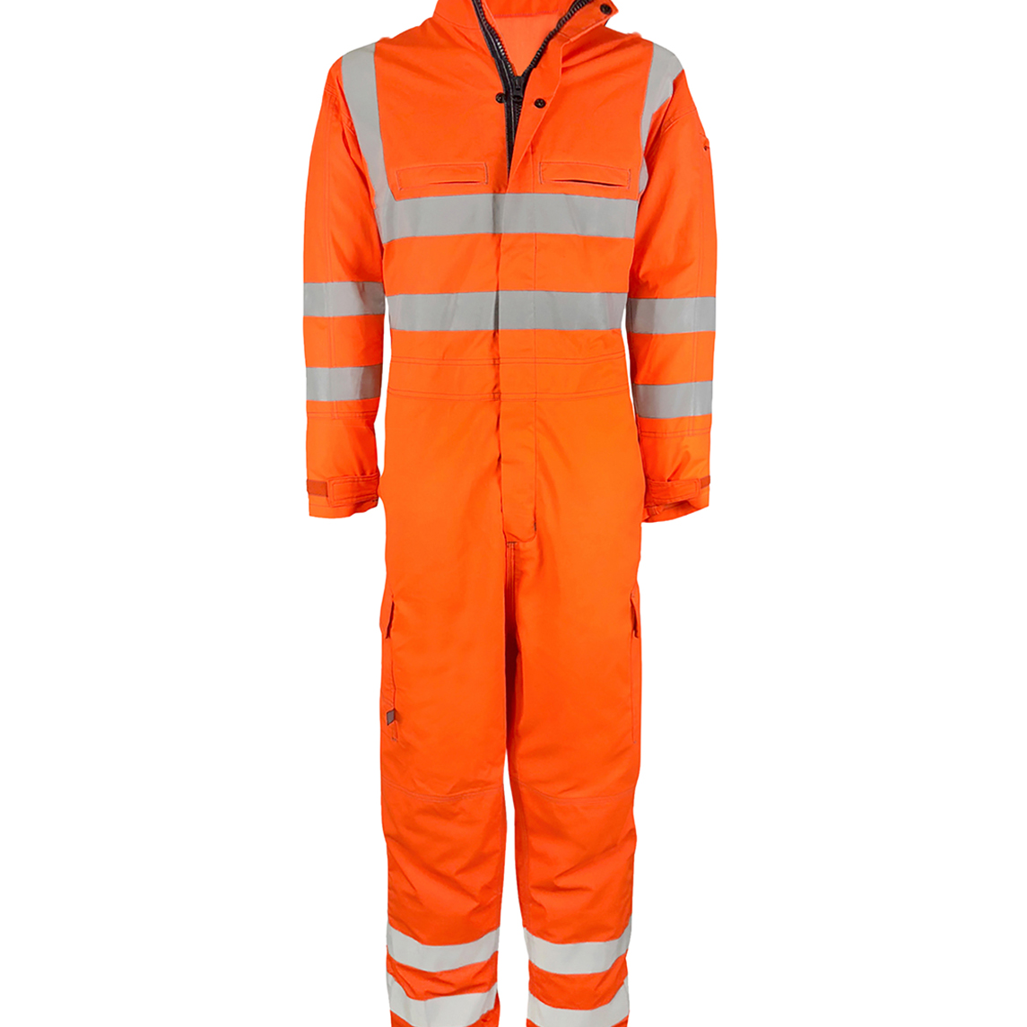 High-visibility orange industrial coverall with silver reflective tape across the chest, arms, and legs — features a front zip closure, multiple utility pockets, and ergonomic paneling for comfort and protection by MAK Boots & Garments.