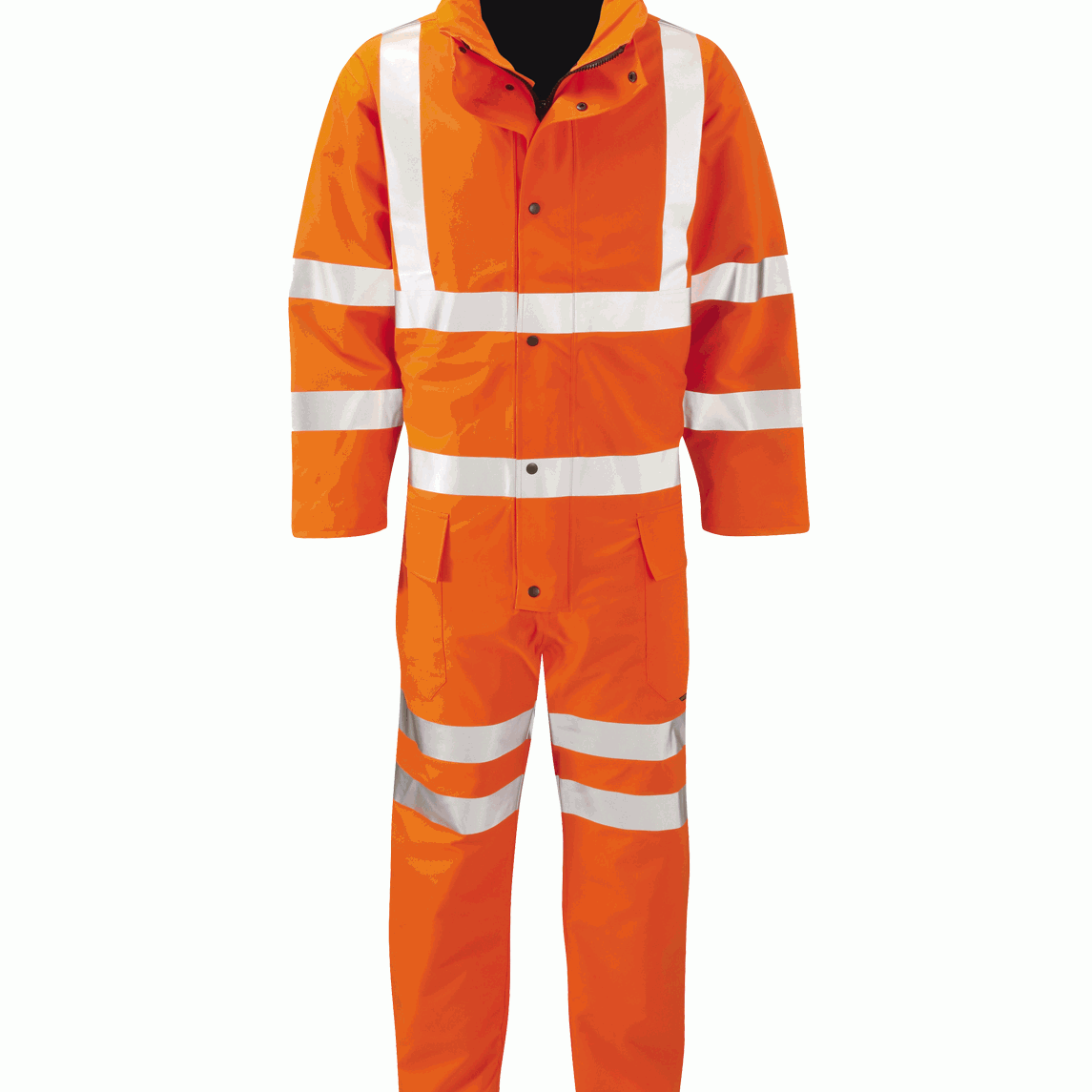 High visibility orange GORE-TEX waterproof coverall with reflective tape across shoulders, arms, waist, and legs. Designed for maximum weather protection and visibility in harsh conditions, with storm flap and secure snap closures.
