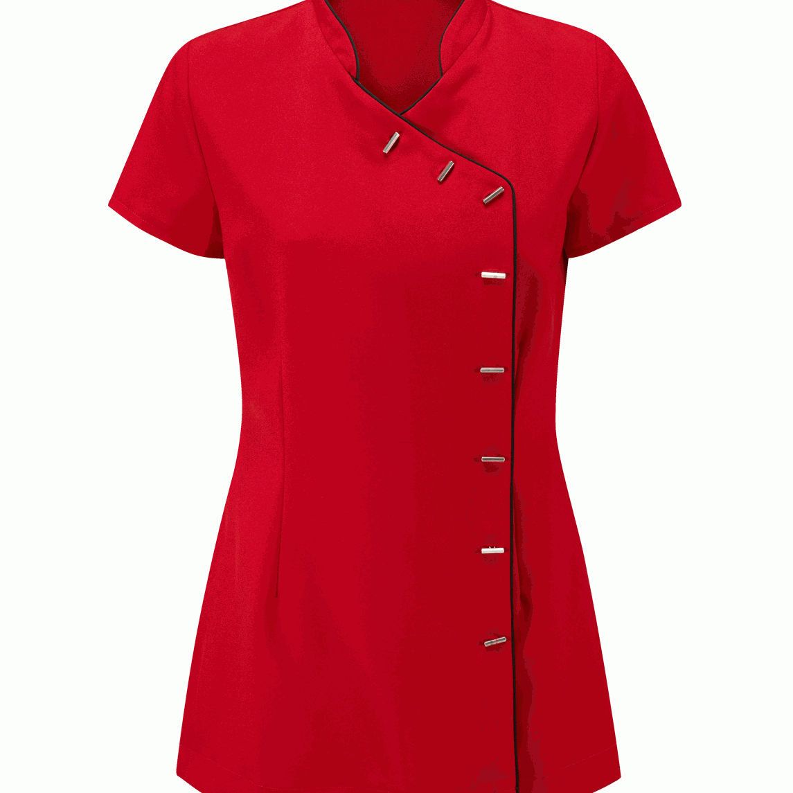 Red short-sleeve blouse with button details on a white background
