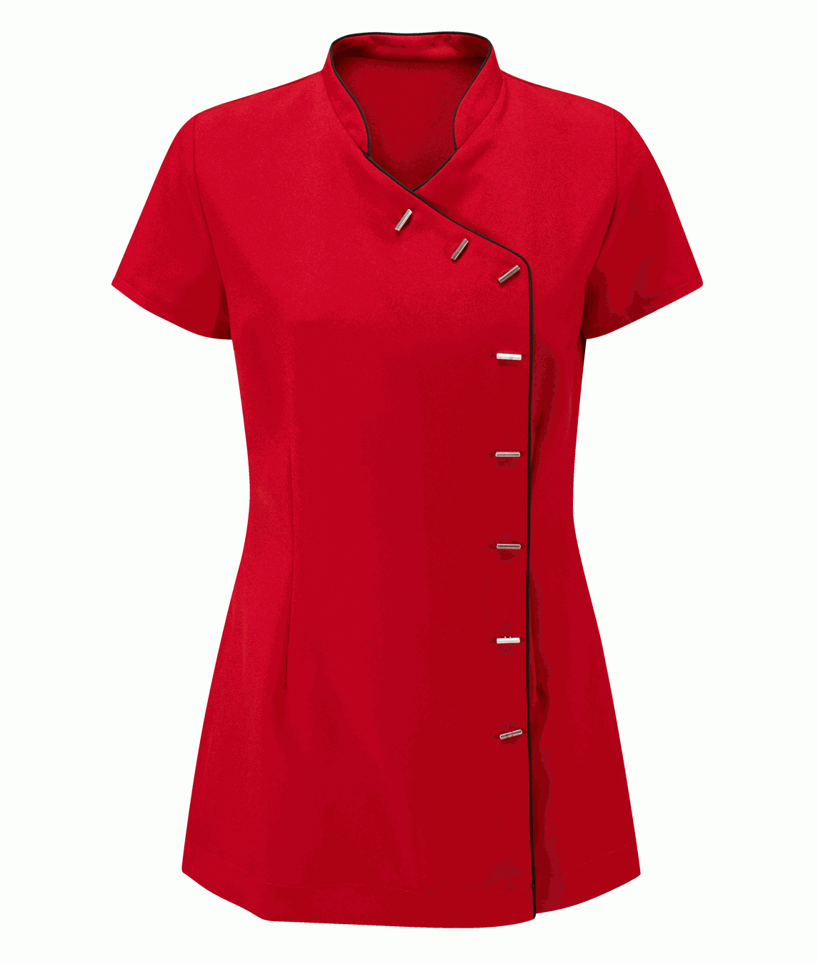 Red short-sleeve blouse with button details on a white background