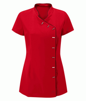 Red short-sleeve blouse with button details on a white background
