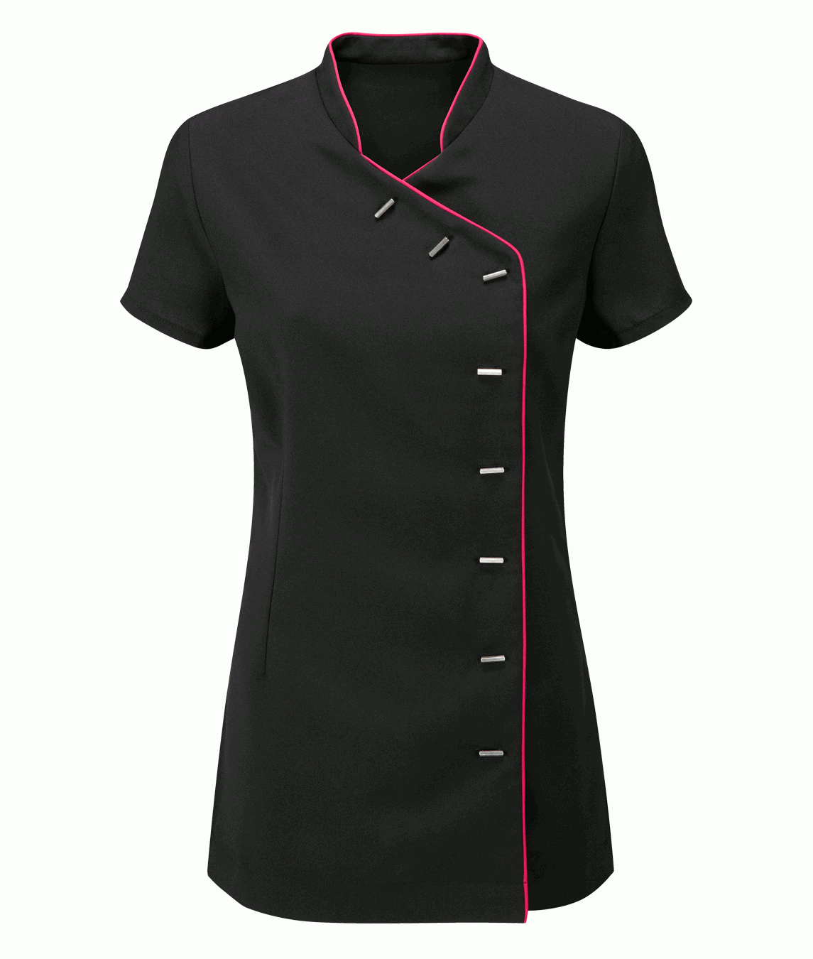 Black chef's coat with pink piping on a white background