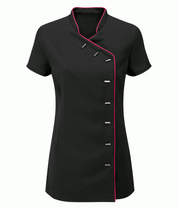 Black chef's coat with pink piping on a white background