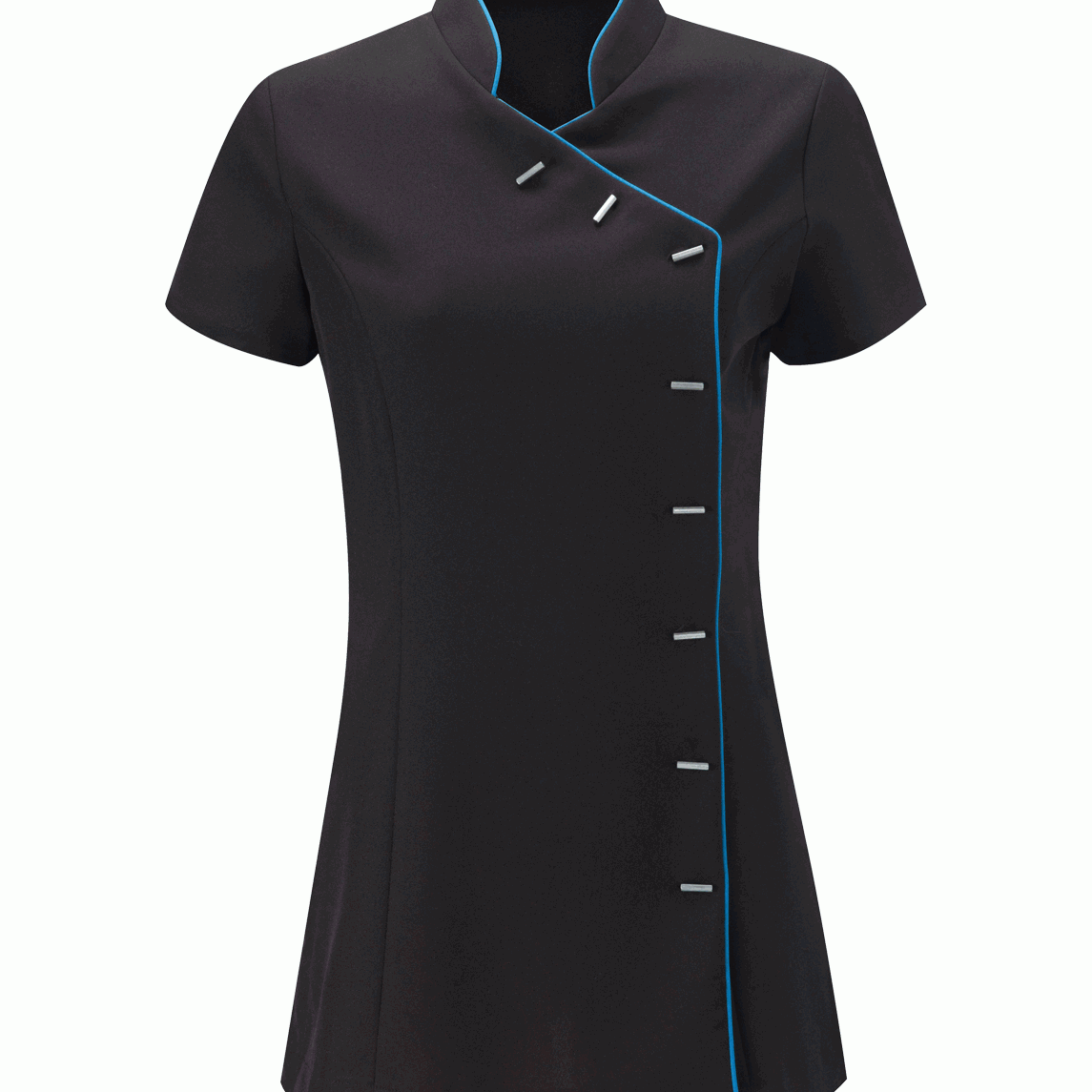 Black short-sleeve shirt with blue piping on a white background