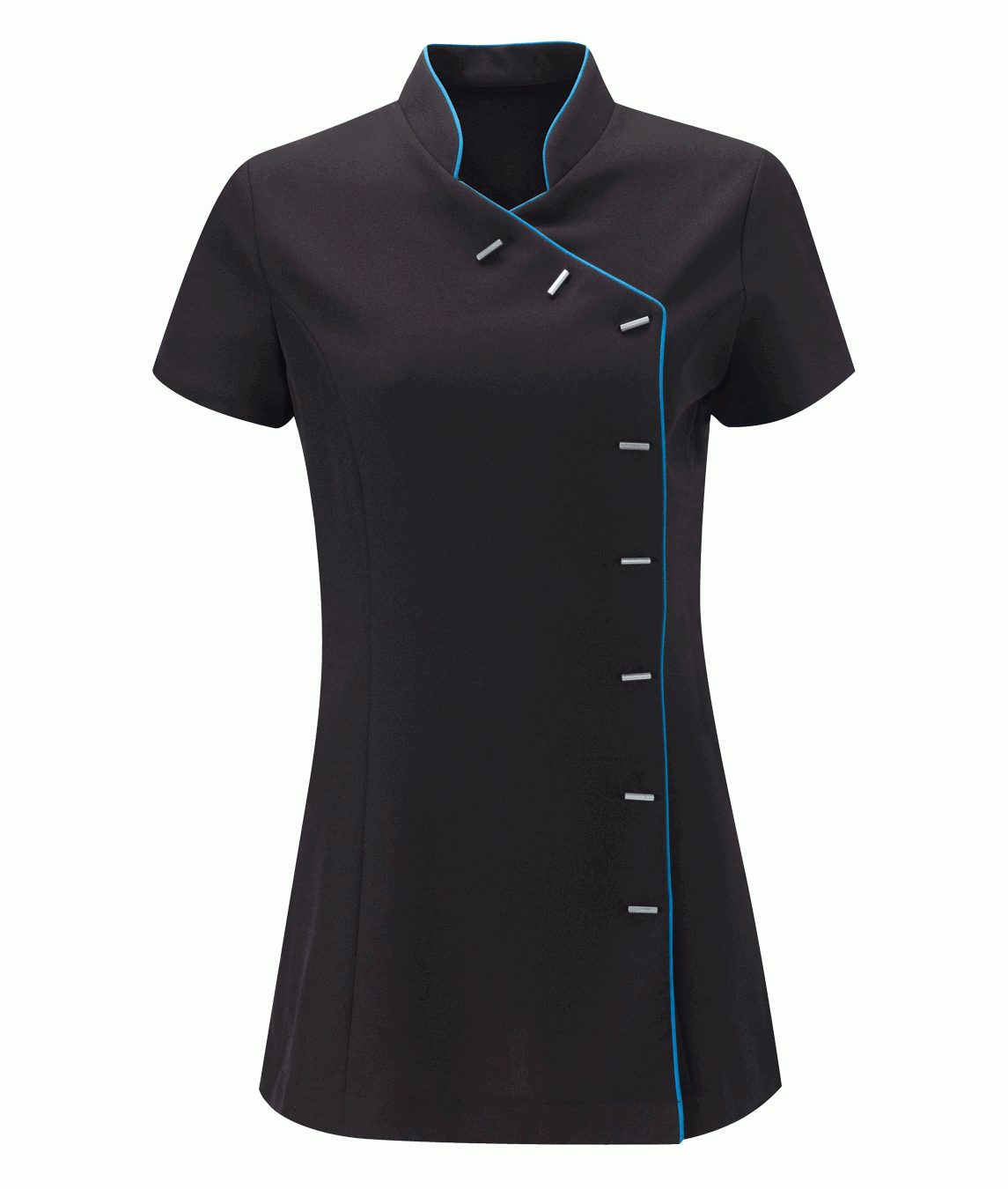 Black short-sleeve shirt with blue piping on a white background