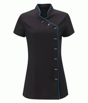 Black short-sleeve shirt with blue piping on a white background