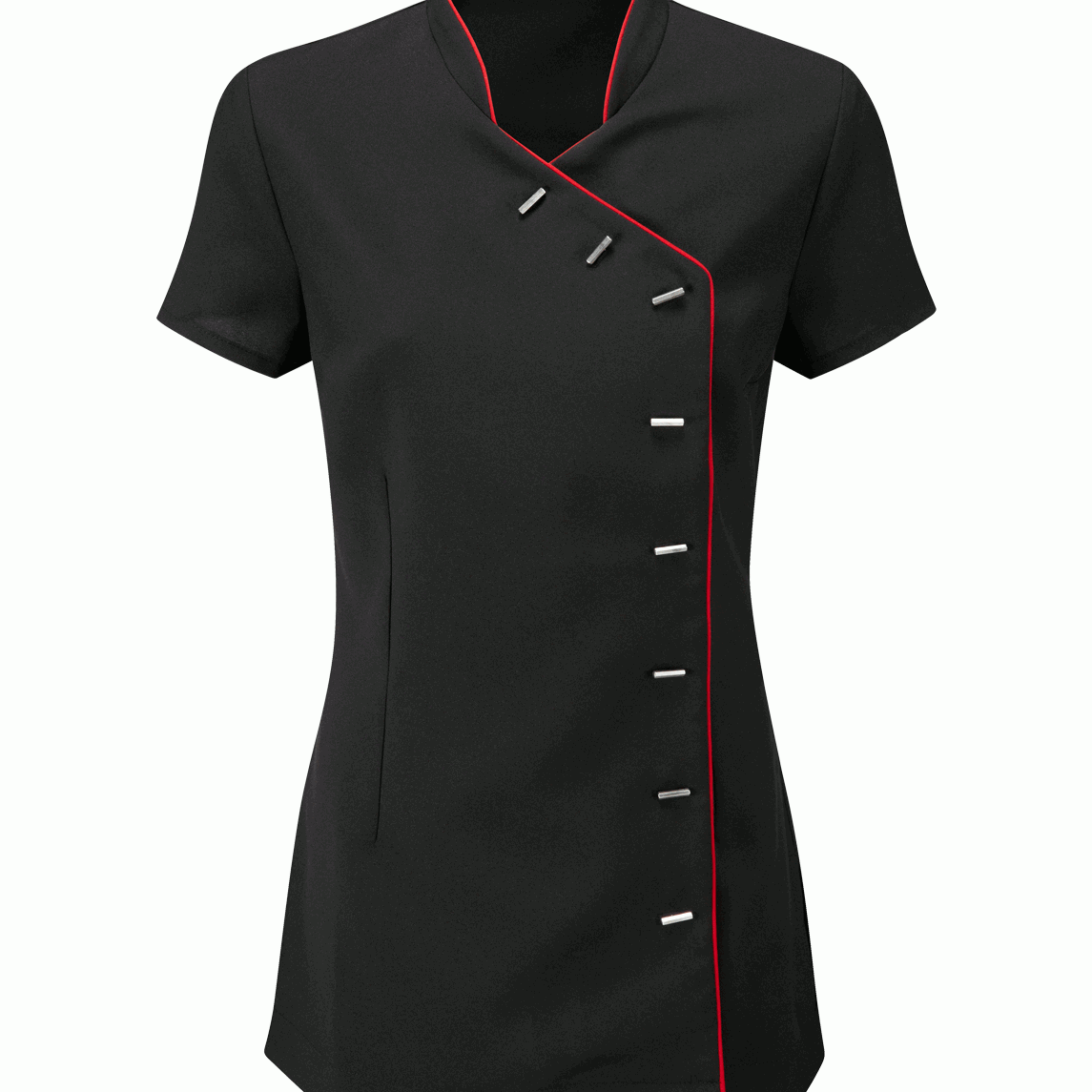 Black short-sleeve shirt with red trim on a white background