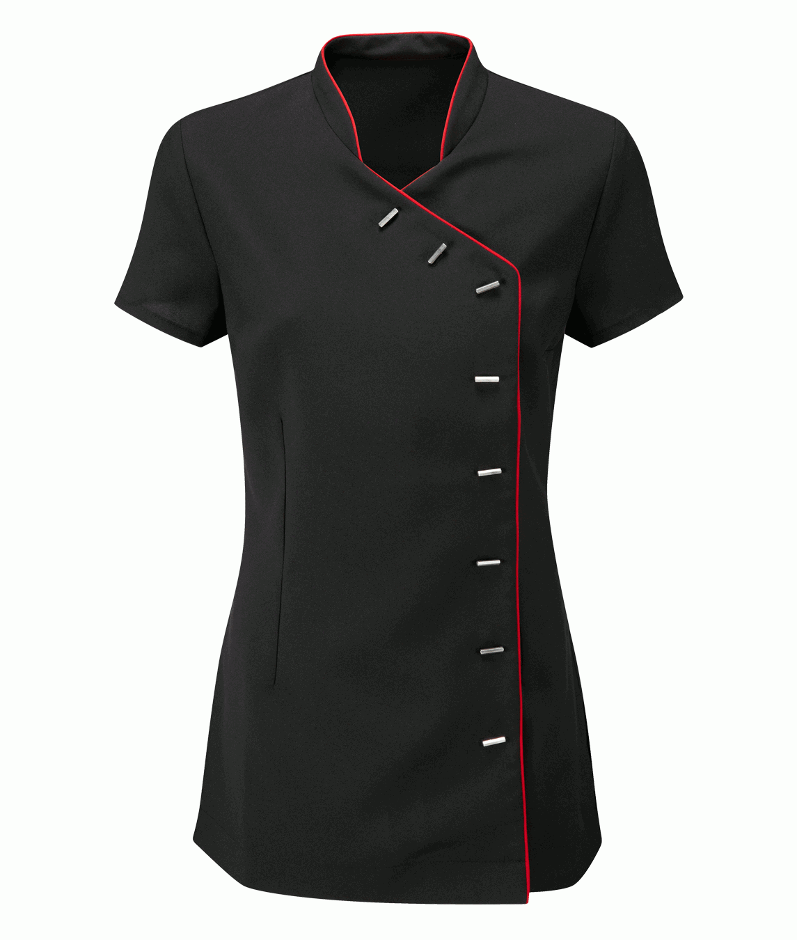 Black short-sleeve shirt with red trim on a white background