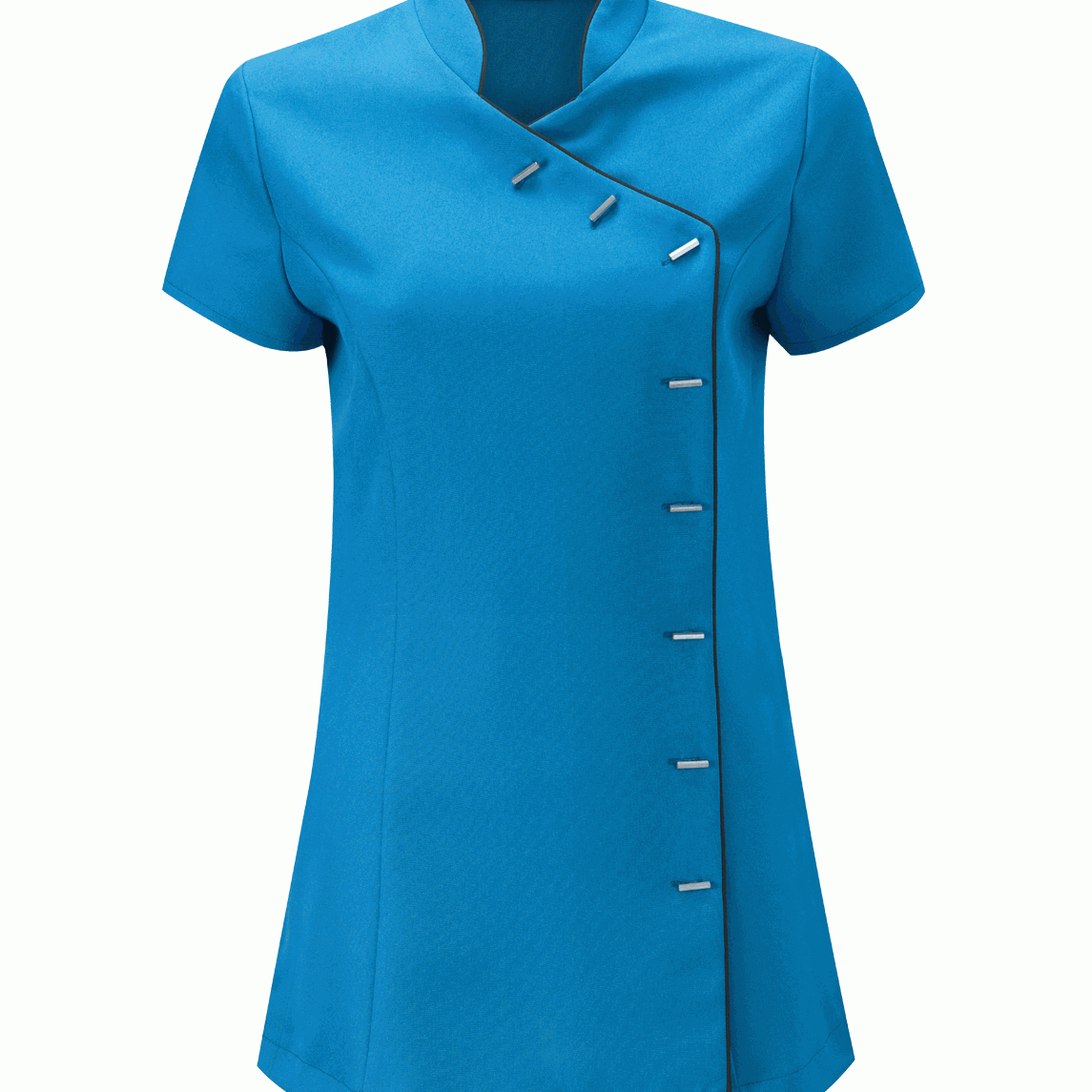 Blue short-sleeve blouse with buttons on a white background