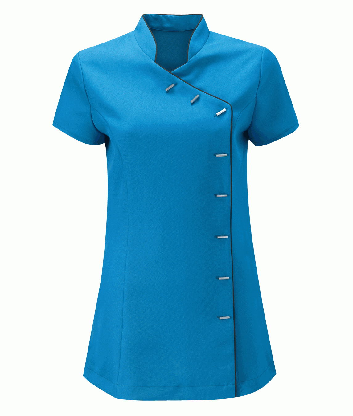 Blue short-sleeve blouse with buttons on a white background
