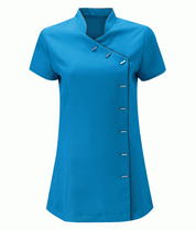 Blue short-sleeve blouse with buttons on a white background