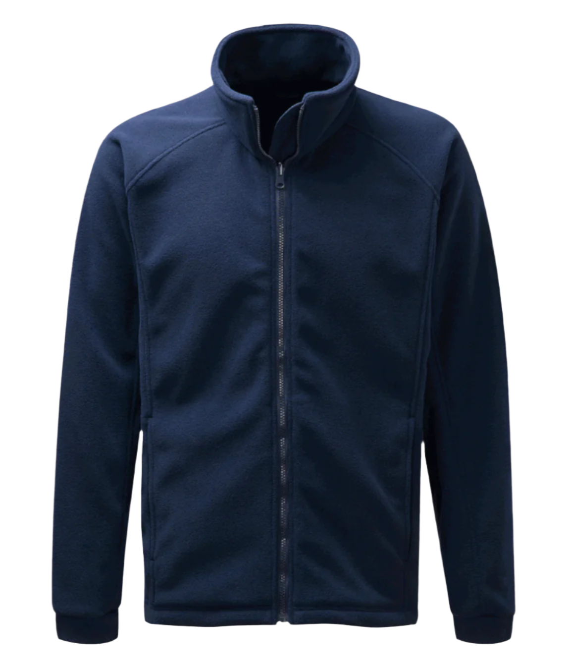 A Navy full-zip fleece jacket with a high collar and minimalist design. The jacket features a smooth front zipper, clean seam lines, and a soft, insulating fabric ideal for layering in cold weather. Sleeves are cuffed for a snug fit, and side pockets are subtly integrated into the silhouette. by MAK Boots & Garments