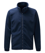 A Navy full-zip fleece jacket with a high collar and minimalist design. The jacket features a smooth front zipper, clean seam lines, and a soft, insulating fabric ideal for layering in cold weather. Sleeves are cuffed for a snug fit, and side pockets are subtly integrated into the silhouette. by MAK Boots & Garments
