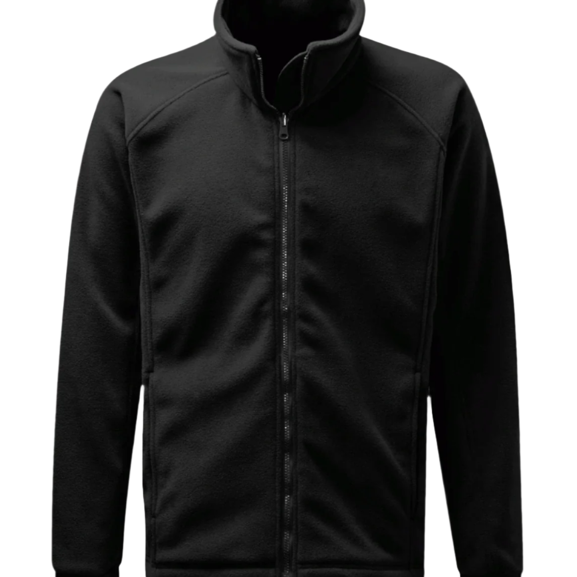 A black full-zip fleece jacket with a high collar and minimalist design. The jacket features a smooth front zipper, clean seam lines, and a soft, insulating fabric ideal for layering in cold weather. Sleeves are cuffed for a snug fit, and side pockets are subtly integrated into the silhouette. by MAK Boots & Garments