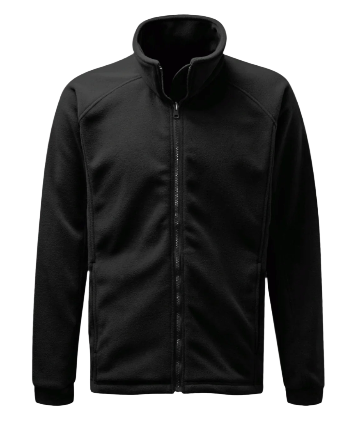 A black full-zip fleece jacket with a high collar and minimalist design. The jacket features a smooth front zipper, clean seam lines, and a soft, insulating fabric ideal for layering in cold weather. Sleeves are cuffed for a snug fit, and side pockets are subtly integrated into the silhouette. by MAK Boots & Garments