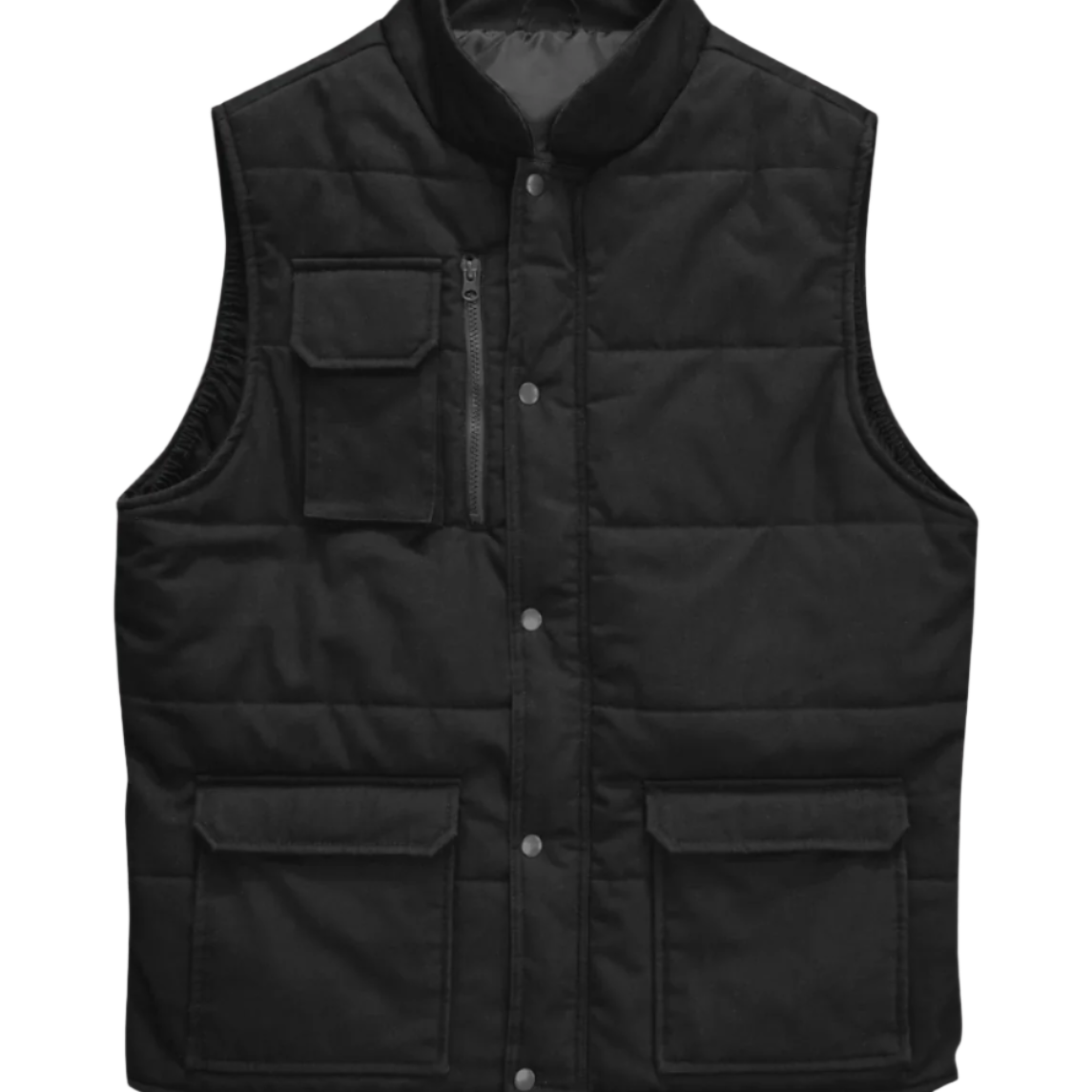 A black utility vest with a high collar, snap-button front closure, and quilted stitching. The vest features a zippered chest pocket with a flap, along with two large front flap pockets near the hem. Designed for durability and functionality, ideal for workwear or outdoor use. by MAK Boots & Garments