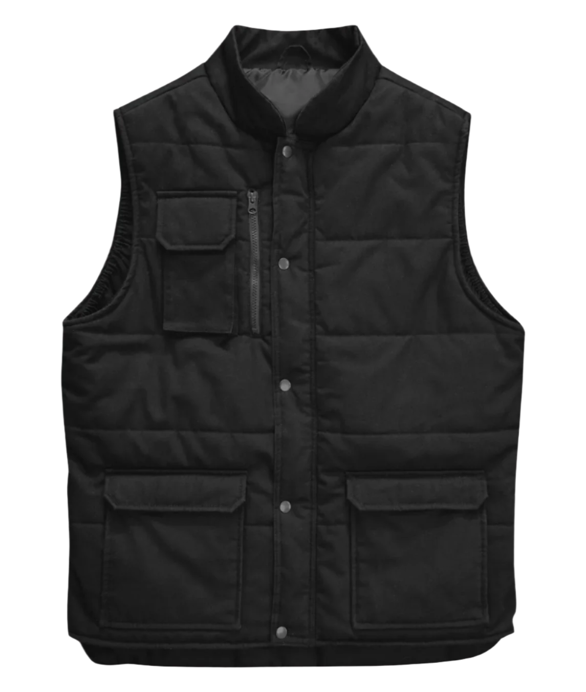 A black utility vest with a high collar, snap-button front closure, and quilted stitching. The vest features a zippered chest pocket with a flap, along with two large front flap pockets near the hem. Designed for durability and functionality, ideal for workwear or outdoor use. by MAK Boots & Garments