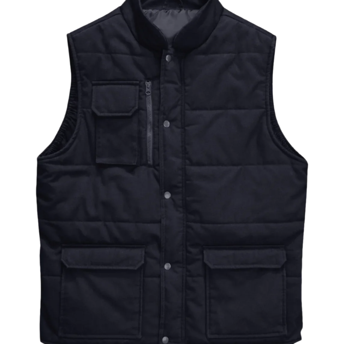 A black utility vest with a high collar, snap-button front closure, and quilted stitching. The vest features a zippered chest pocket with a flap, along with two large front flap pockets near the hem. Designed for durability and functionality, ideal for workwear or outdoor use. by MAK Boots & Garments