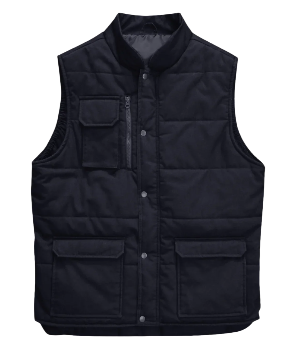 A black utility vest with a high collar, snap-button front closure, and quilted stitching. The vest features a zippered chest pocket with a flap, along with two large front flap pockets near the hem. Designed for durability and functionality, ideal for workwear or outdoor use. by MAK Boots & Garments