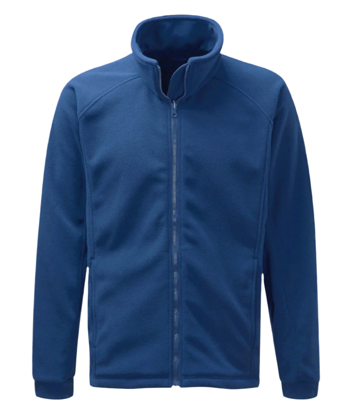 A blue full-zip fleece jacket with a high collar and minimalist design. The jacket features a smooth front zipper, clean seam lines, and a soft, insulating fabric ideal for layering in cold weather. Sleeves are cuffed for a snug fit, and side pockets are subtly integrated into the silhouette. by MAK Boots & Garments