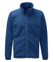 A blue full-zip fleece jacket with a high collar and minimalist design. The jacket features a smooth front zipper, clean seam lines, and a soft, insulating fabric ideal for layering in cold weather. Sleeves are cuffed for a snug fit, and side pockets are subtly integrated into the silhouette. by MAK Boots & Garments