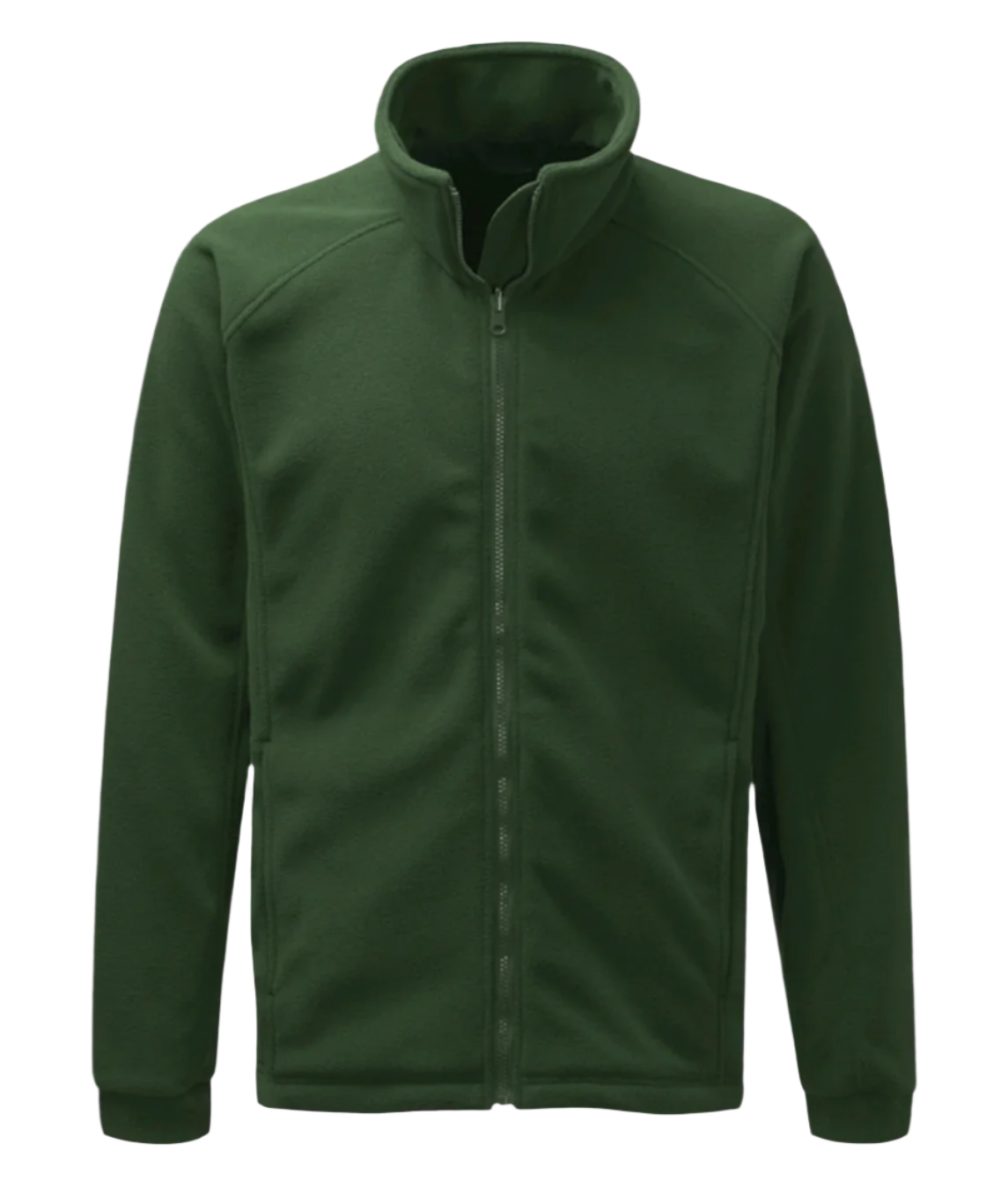A green full-zip fleece jacket with a high collar and minimalist design. The jacket features a smooth front zipper, clean seam lines, and a soft, insulating fabric ideal for layering in cold weather. Sleeves are cuffed for a snug fit, and side pockets are subtly integrated into the silhouette. by MAK Boots & Garments