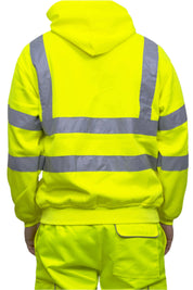A person wearing a high-visibility yellow hoodie with reflective grey stripes across the chest, arms, and shoulders. The hoodie features a front kangaroo pocket and is paired with matching high-vis work trousers. Only the upper body and part of the legs are visible. The outfit is designed for safety and visibility in work environments. by MAK Boots & Garments