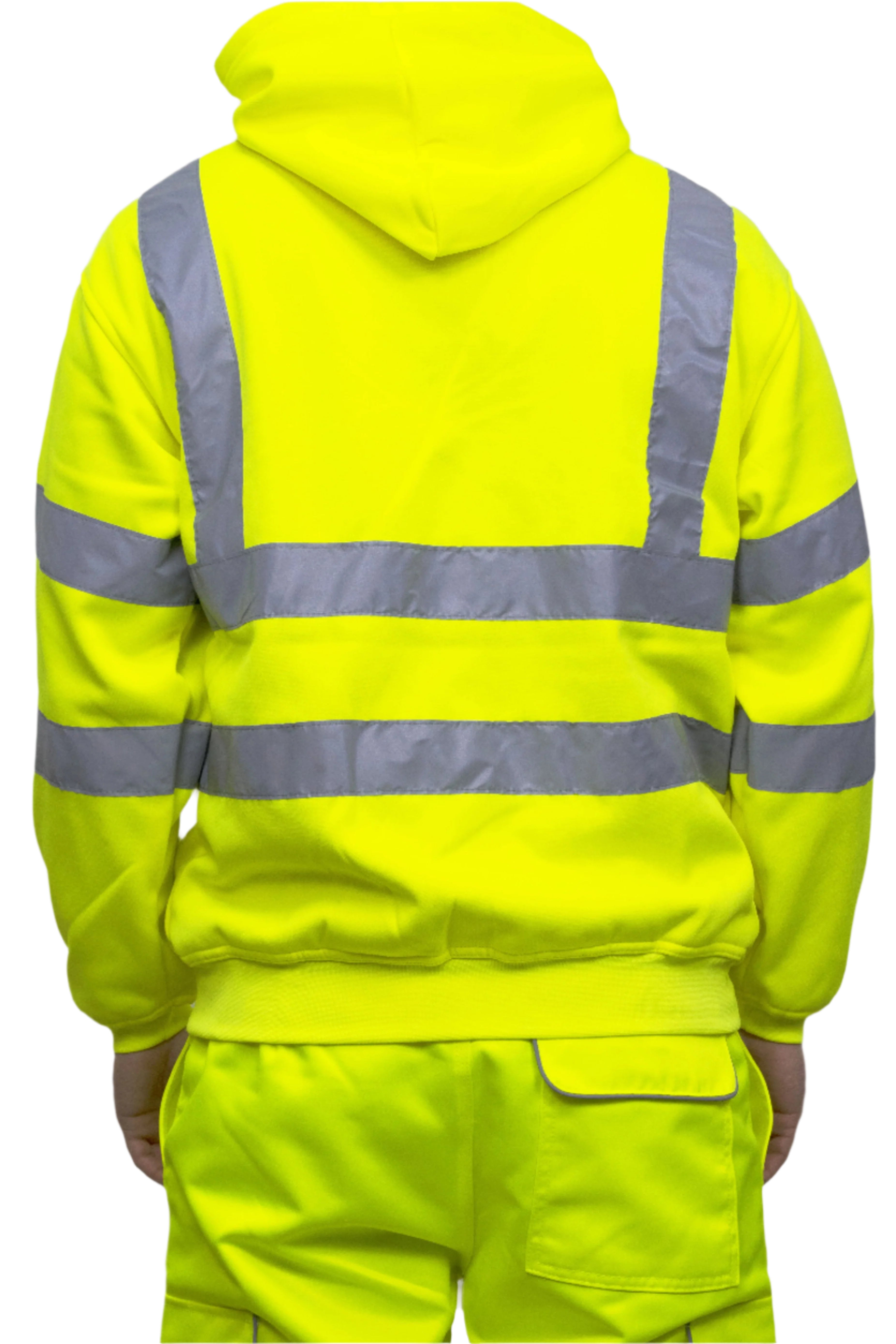 A person wearing a high-visibility yellow hoodie with reflective grey stripes across the chest, arms, and shoulders. The hoodie features a front kangaroo pocket and is paired with matching high-vis work trousers. Only the upper body and part of the legs are visible. The outfit is designed for safety and visibility in work environments. by MAK Boots & Garments