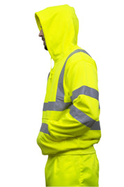 A person wearing a high-visibility yellow hoodie with reflective grey stripes across the chest, arms, and shoulders. The hoodie features a front kangaroo pocket and is paired with matching high-vis work trousers. Only the upper body and part of the legs are visible. The outfit is designed for safety and visibility in work environments. by MAK Boots & Garments