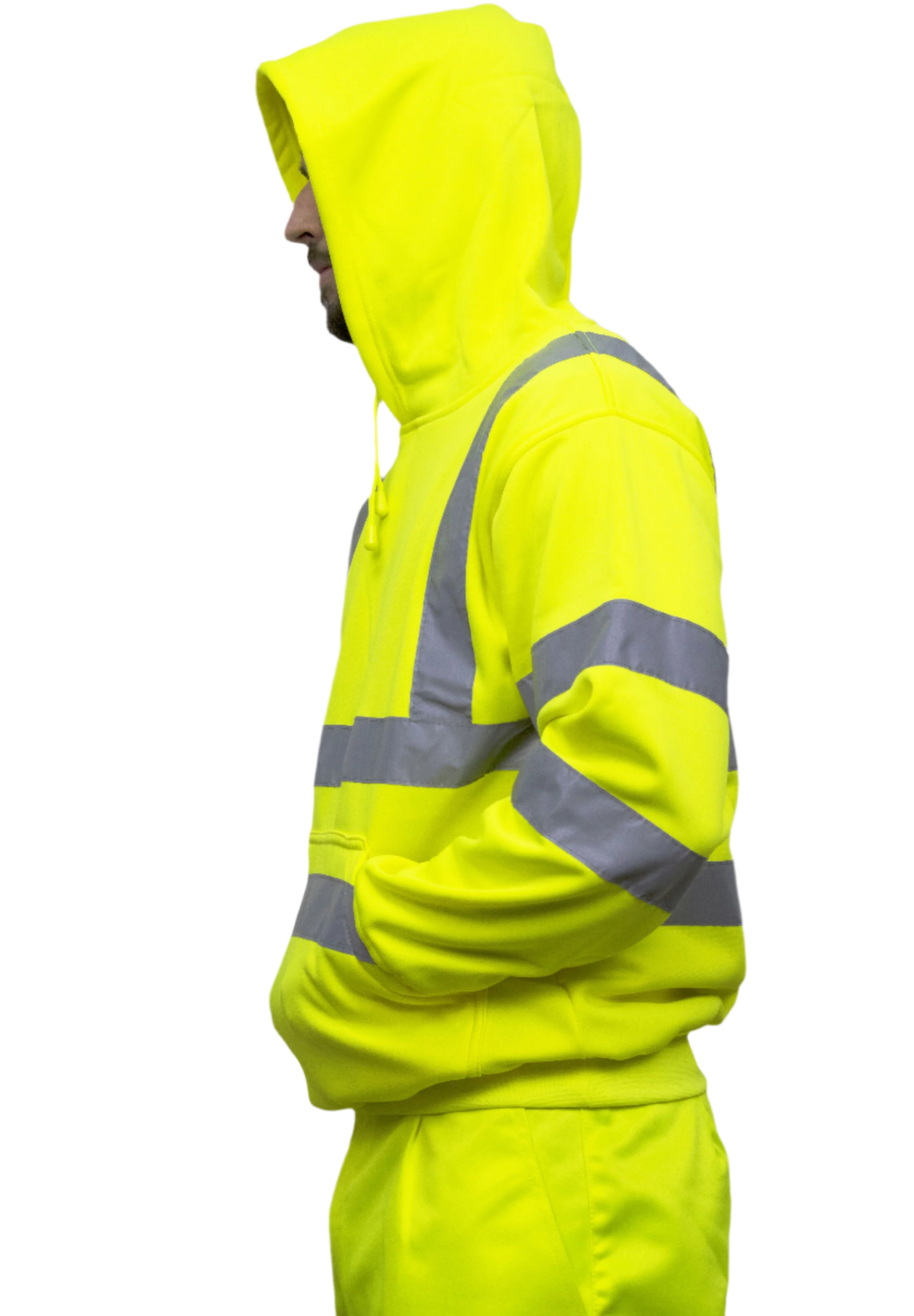 A person wearing a high-visibility yellow hoodie with reflective grey stripes across the chest, arms, and shoulders. The hoodie features a front kangaroo pocket and is paired with matching high-vis work trousers. Only the upper body and part of the legs are visible. The outfit is designed for safety and visibility in work environments. by MAK Boots & Garments