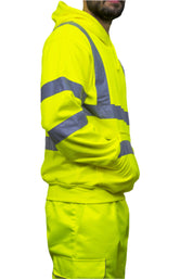 A person wearing a high-visibility yellow hoodie with reflective grey stripes across the chest, arms, and shoulders. The hoodie features a front kangaroo pocket and is paired with matching high-vis work trousers. Only the upper body and part of the legs are visible. The outfit is designed for safety and visibility in work environments. by MAK Boots & Garments