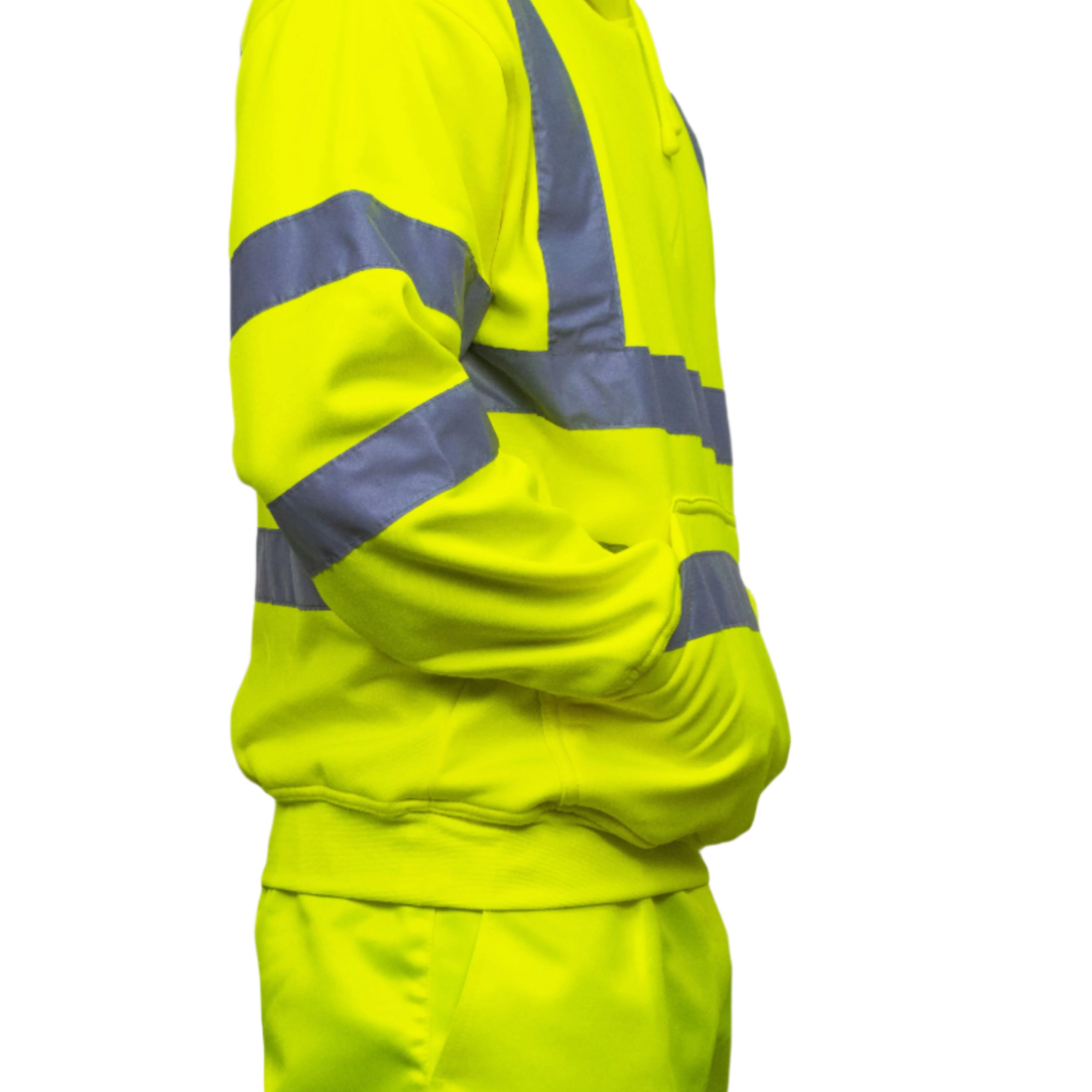 A person wearing a high-visibility yellow hoodie with reflective grey stripes across the chest, arms, and shoulders. The hoodie features a front kangaroo pocket and is paired with matching high-vis work trousers. Only the upper body and part of the legs are visible. The outfit is designed for safety and visibility in work environments. by MAK Boots & Garments