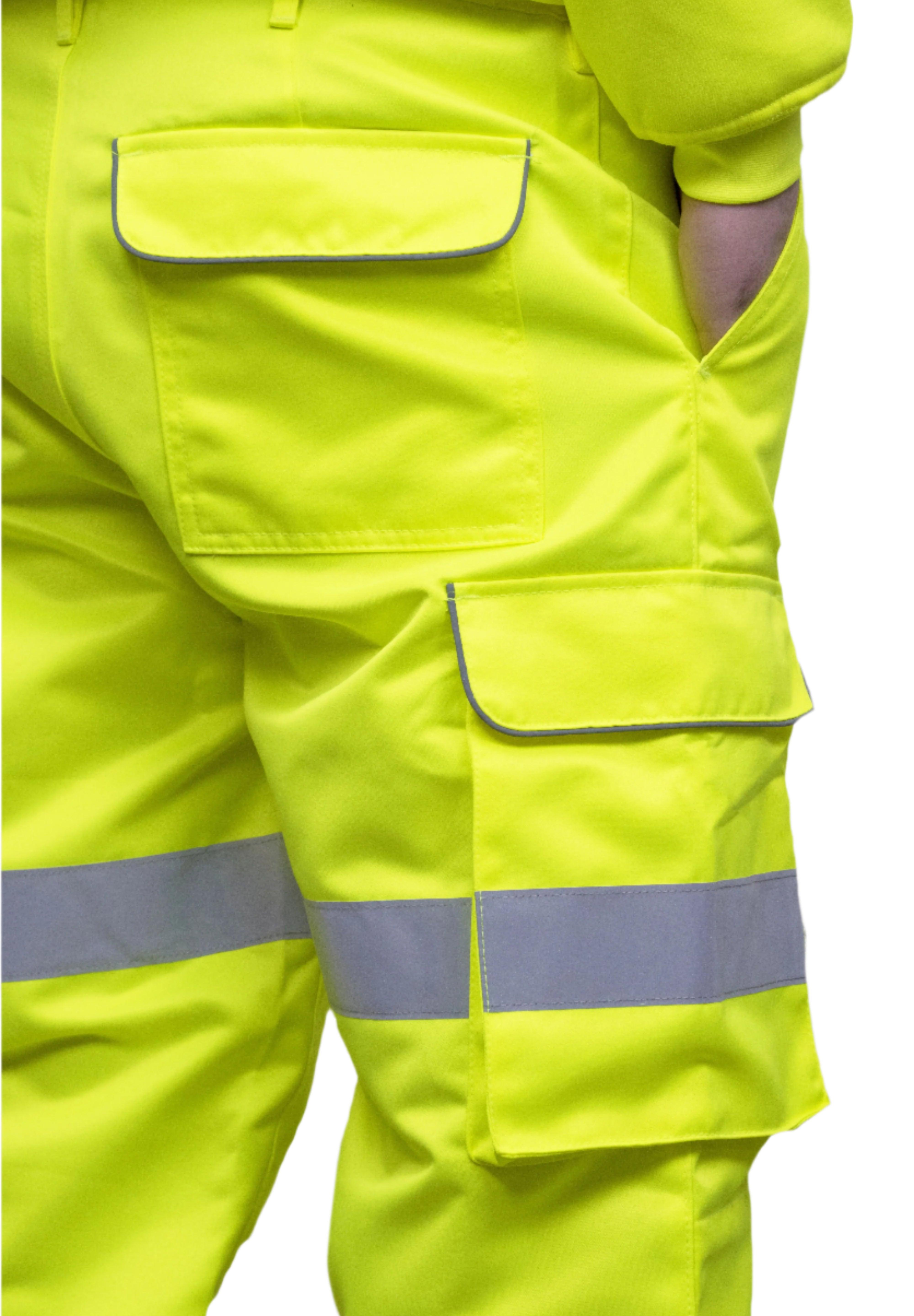 A person wearing high-visibility yellow work trousers with reflective grey stripes around the knees, shins, and thighs. The pants have a cargo pocket on the side and are paired with black safety boots. Only the lower half of the person is visible. The trousers appear to be part of a workwear or safety uniform. by MAK Boots & Garments