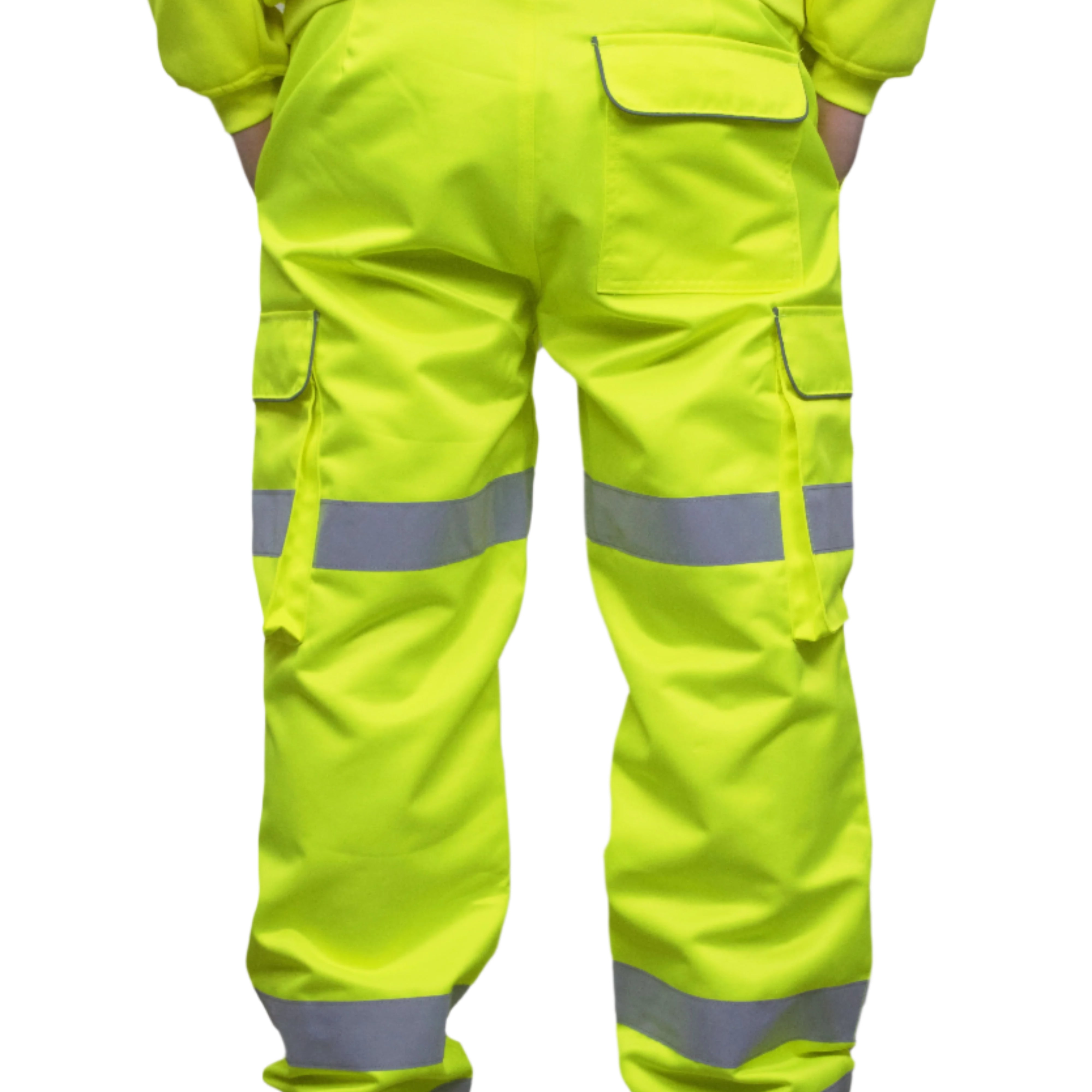 A person wearing high-visibility yellow work trousers with reflective grey stripes around the knees, shins, and thighs. The pants have a cargo pocket on the side and are paired with black safety boots. Only the lower half of the person is visible. The trousers appear to be part of a workwear or safety uniform. by MAK Boots & Garments