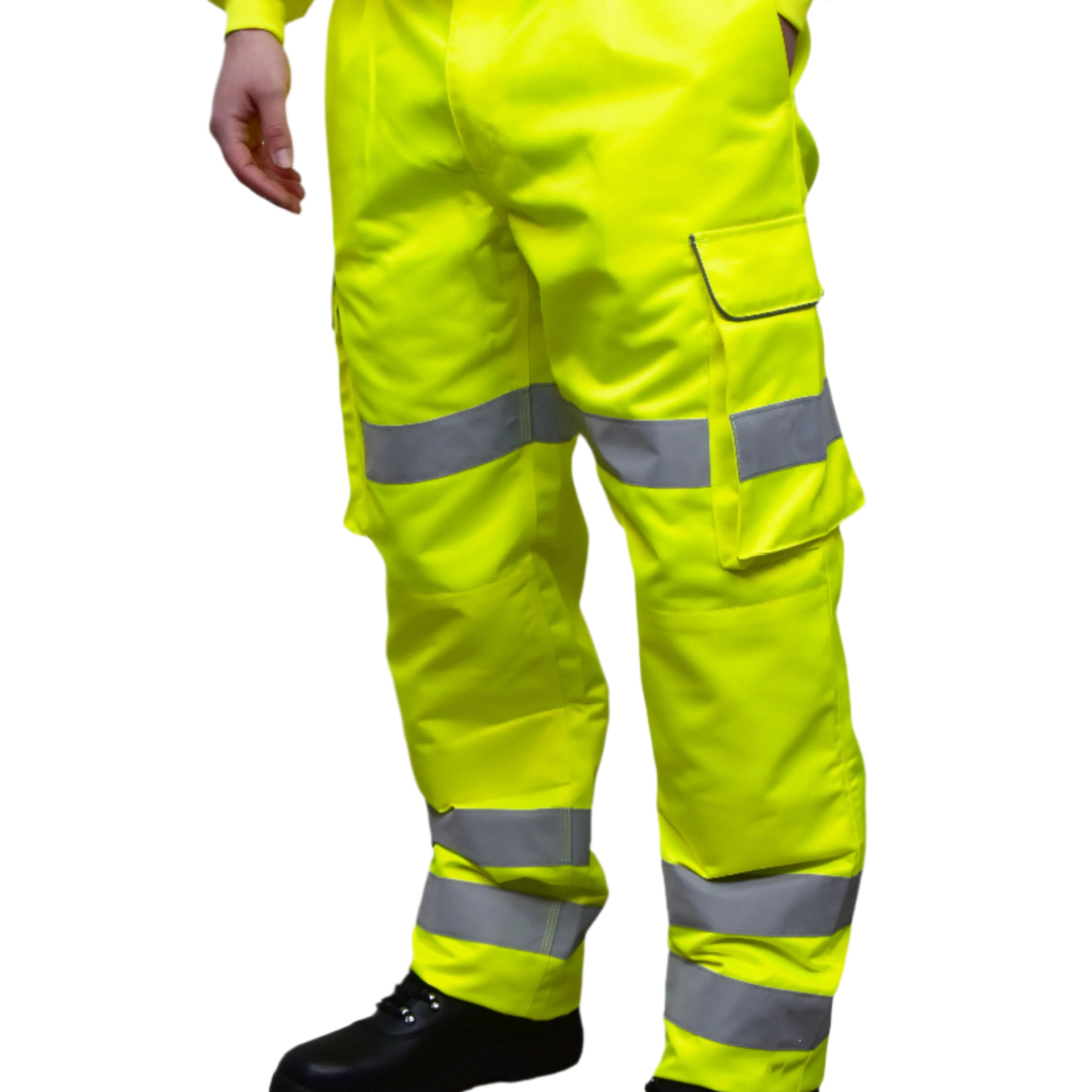 A person wearing high-visibility yellow work trousers with reflective grey stripes around the knees, shins, and thighs. The pants have a cargo pocket on the side and are paired with black safety boots. Only the lower half of the person is visible. The trousers appear to be part of a workwear or safety uniform. by MAK Boots & Garments