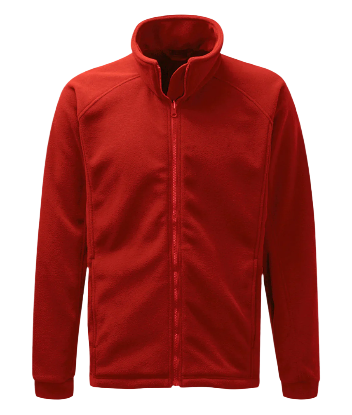 A red full-zip fleece jacket with a high collar and minimalist design. The jacket features a smooth front zipper, clean seam lines, and a soft, insulating fabric ideal for layering in cold weather. Sleeves are cuffed for a snug fit, and side pockets are subtly integrated into the silhouette. by MAK Boots & Garments