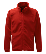 A red full-zip fleece jacket with a high collar and minimalist design. The jacket features a smooth front zipper, clean seam lines, and a soft, insulating fabric ideal for layering in cold weather. Sleeves are cuffed for a snug fit, and side pockets are subtly integrated into the silhouette. by MAK Boots & Garments