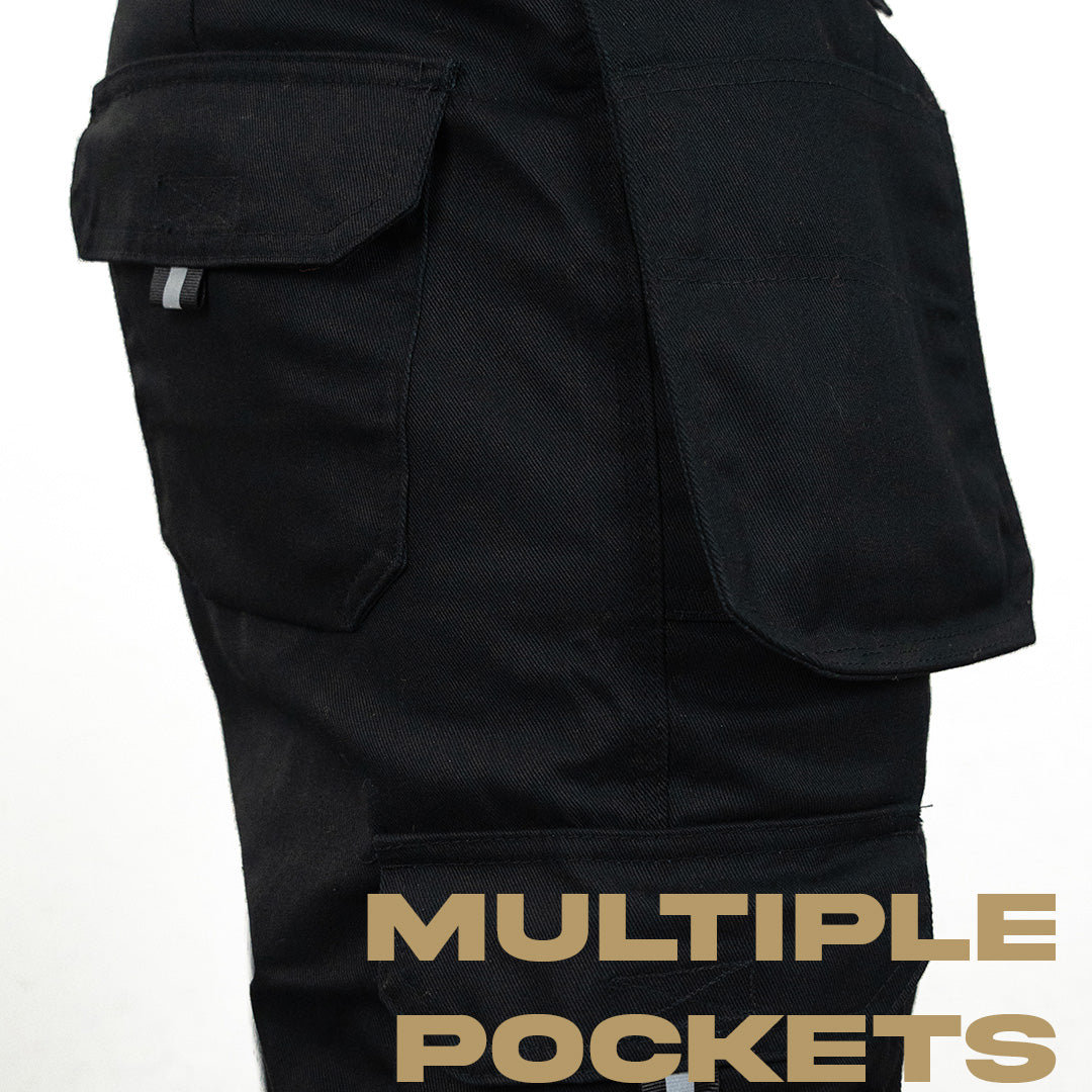 Close up of black work trousers. Showing multiple pockets 