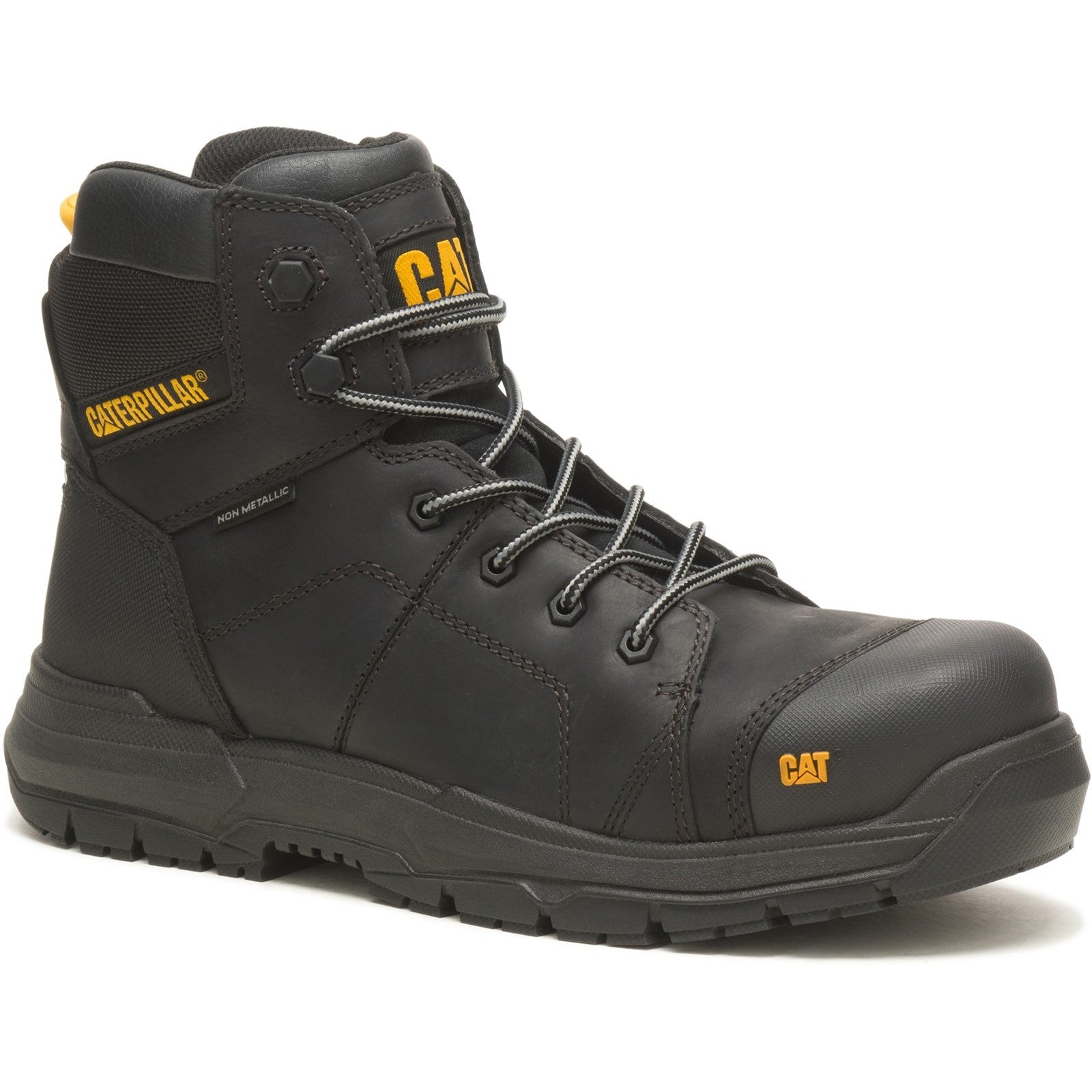 Black work boot with yellow 'Caterpillar' logo on a white background