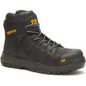 Black work boot with yellow 'Caterpillar' logo on a white background