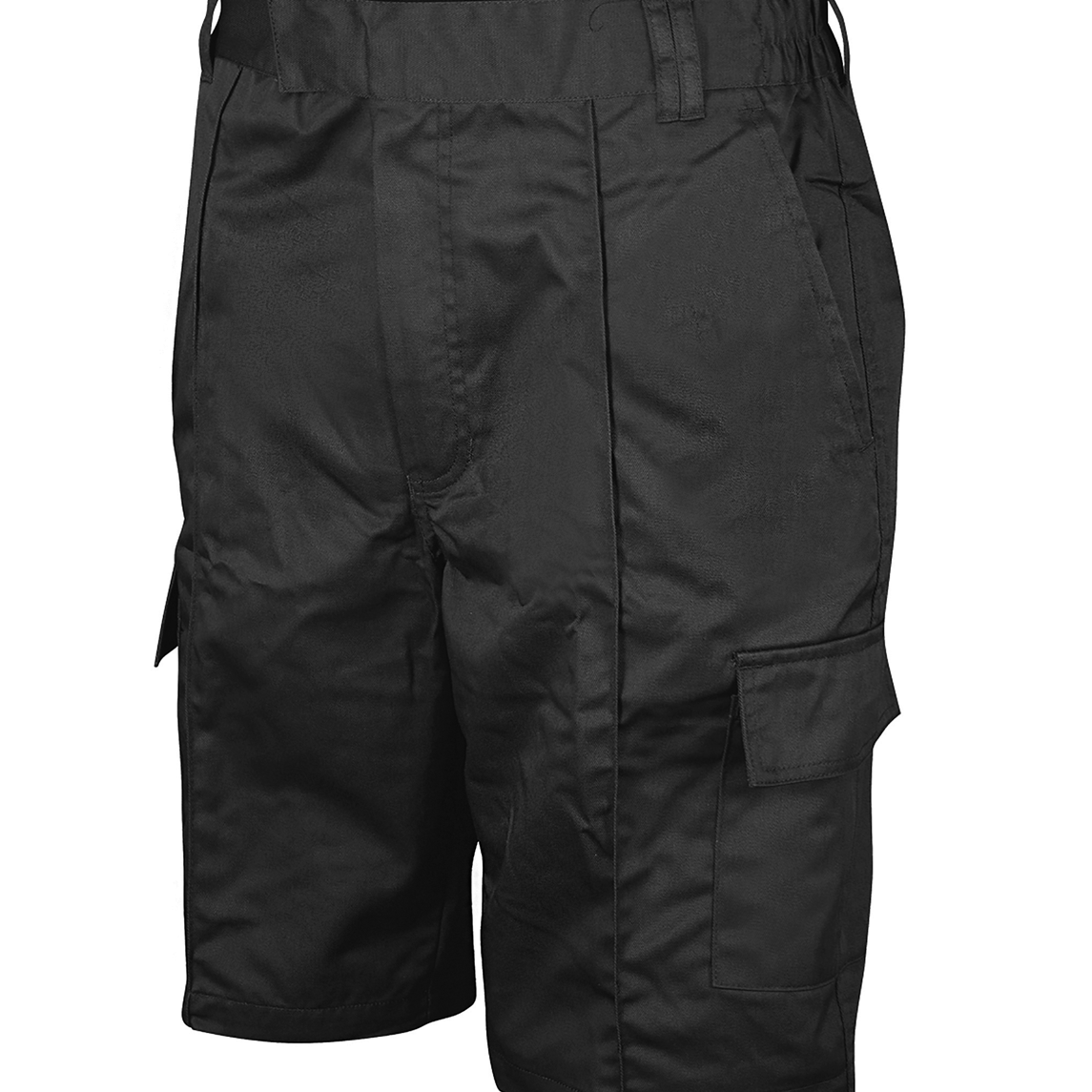 Black cargo shorts with a relaxed fit, belt loops, side slash pockets, and dual flap cargo pockets for breathable functionality in warm conditions — by MAK Boots & Garments.