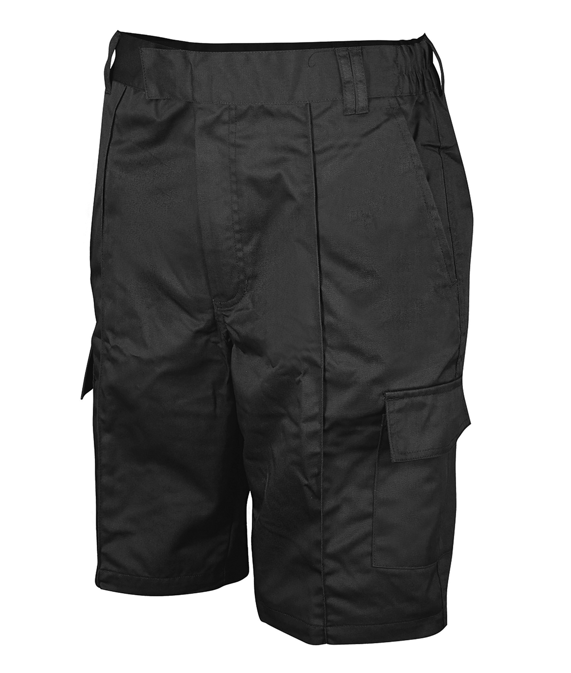 Black cargo shorts with a relaxed fit, belt loops, side slash pockets, and dual flap cargo pockets for breathable functionality in warm conditions — by MAK Boots & Garments.