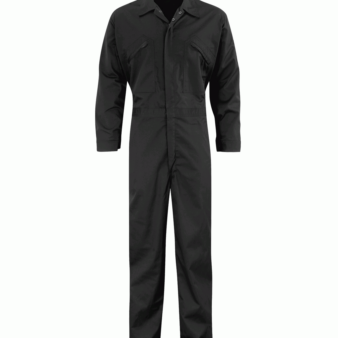 Black coverall for industrial workwear, featuring a full front zip, chest pockets with zippers, and long sleeves for maximum coverage and protection. Durable and professional-grade coverall by MAK Boots & Garments.