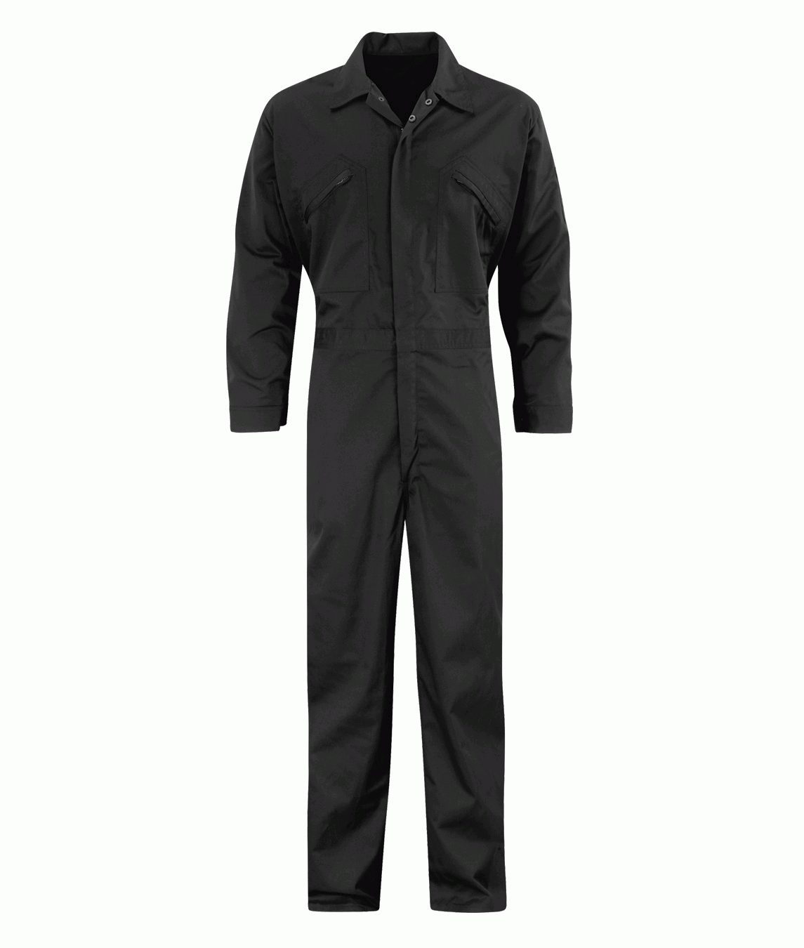 Black coverall for industrial workwear, featuring a full front zip, chest pockets with zippers, and long sleeves for maximum coverage and protection. Durable and professional-grade coverall by MAK Boots & Garments.