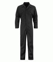 Black coverall for industrial workwear, featuring a full front zip, chest pockets with zippers, and long sleeves for maximum coverage and protection. Durable and professional-grade coverall by MAK Boots & Garments.