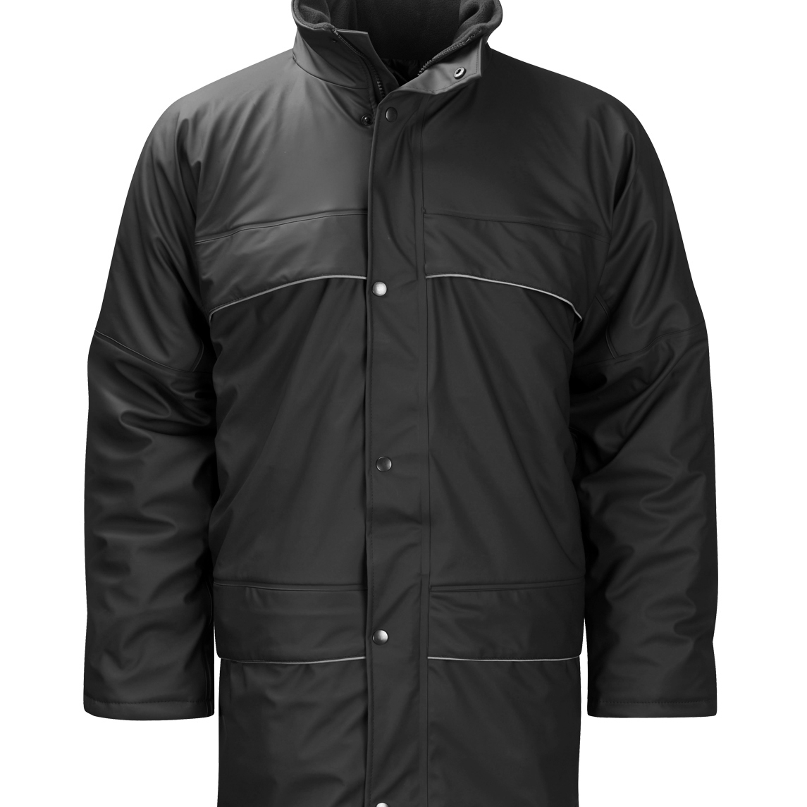 Black insulated jacket with a high fleece-lined collar, piped seam detailing, snap-button and zip front closure, and multiple utility pockets for warmth, weather protection, and structured style by MAK Boots & Garments.