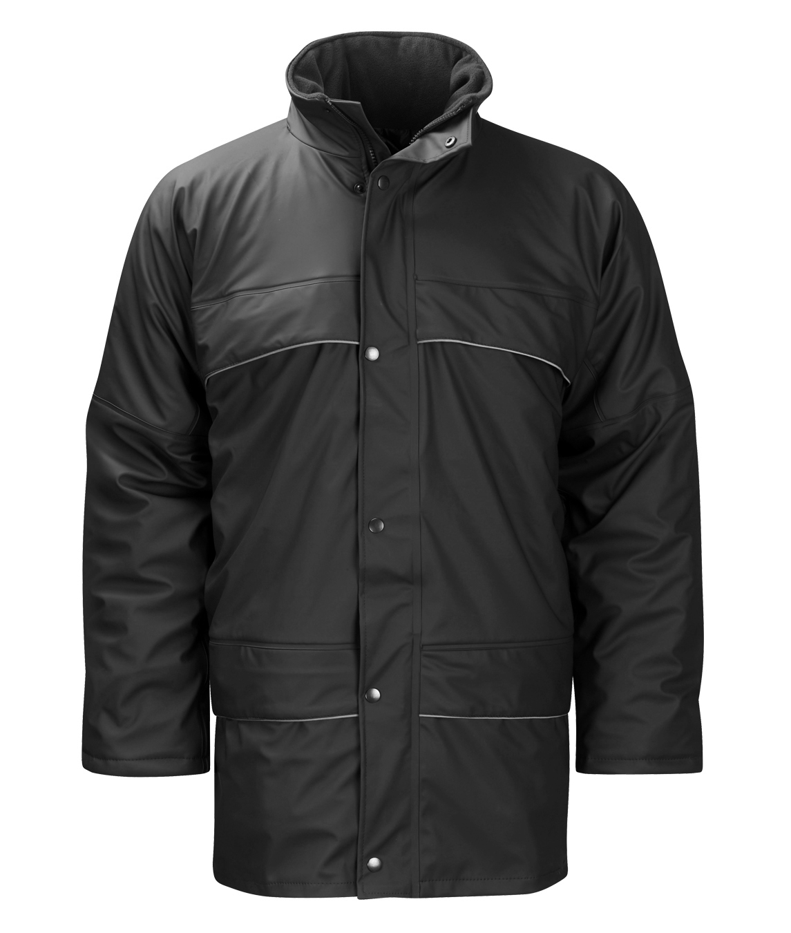 Black insulated jacket with a high fleece-lined collar, piped seam detailing, snap-button and zip front closure, and multiple utility pockets for warmth, weather protection, and structured style by MAK Boots & Garments.